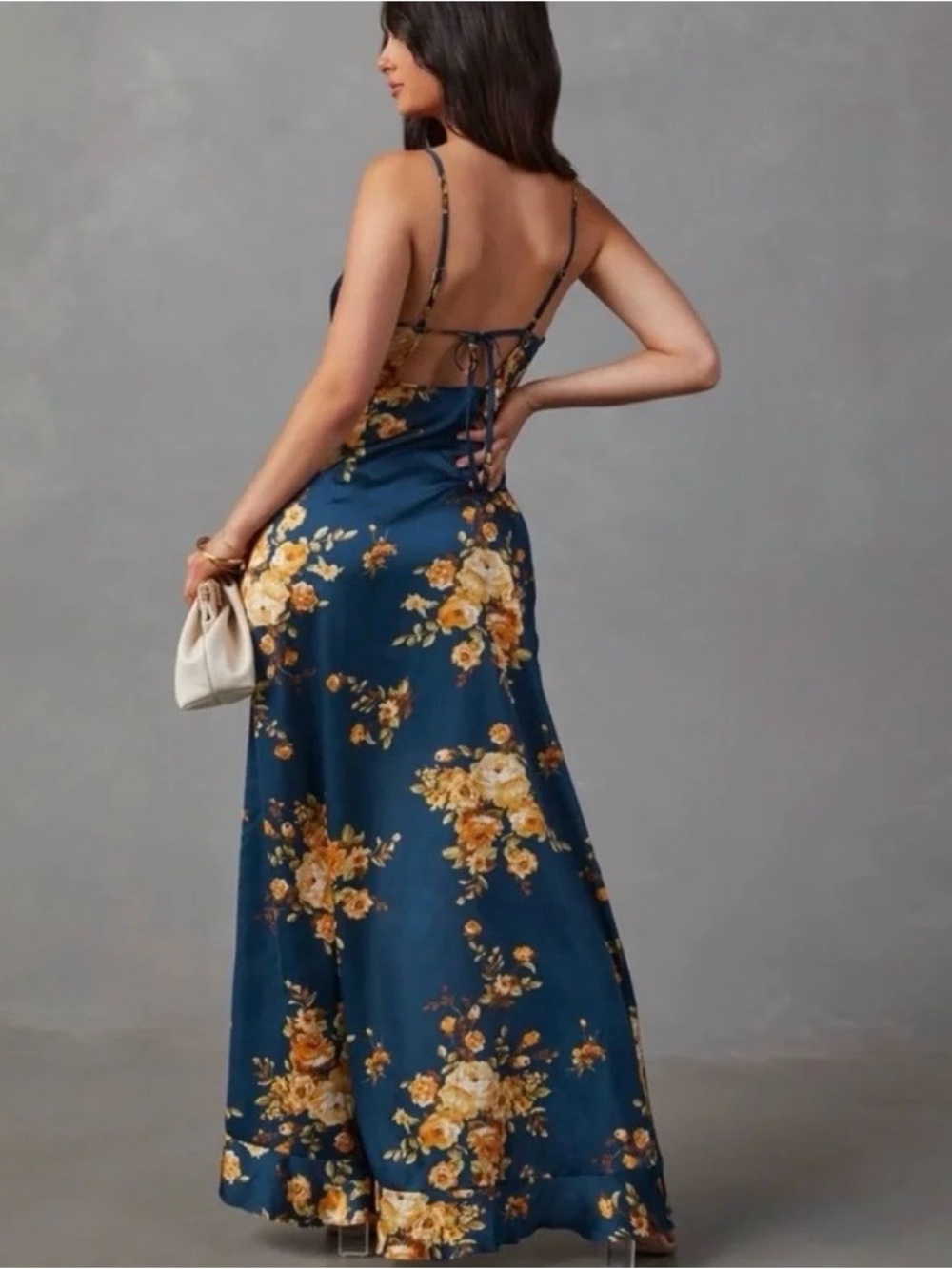Vici Navy color Satin Floral Backless Maxi Dress with a ruffle slit in front